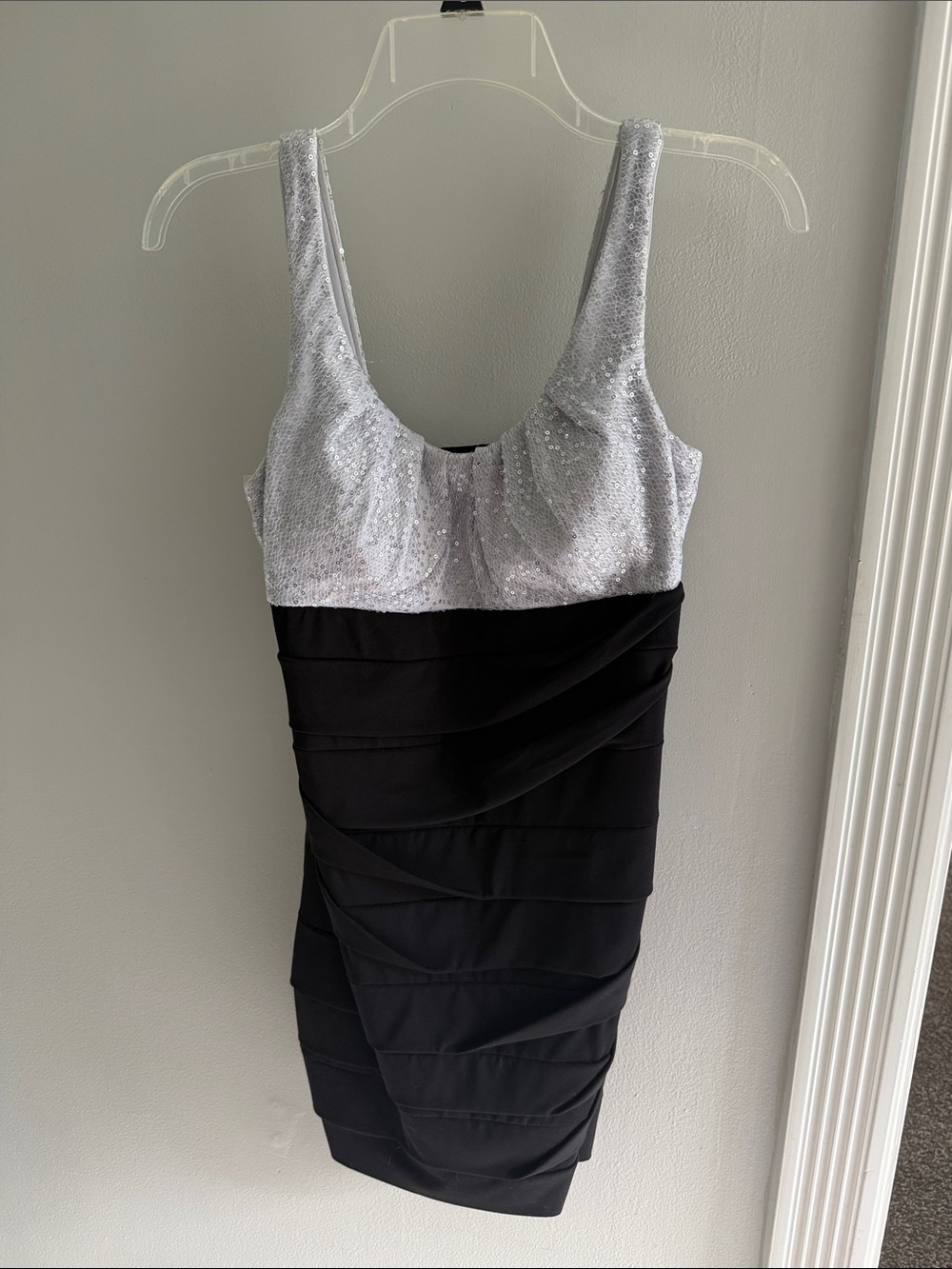 Ruby Rox Silver Sequin Top Black Ruched Mini Dress